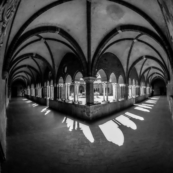 A hallway with arched type windows shot from a corner in black and white